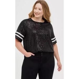 Torrid Abbey black football short sleeve sequins top, size M/L,10, MSRP $69.50